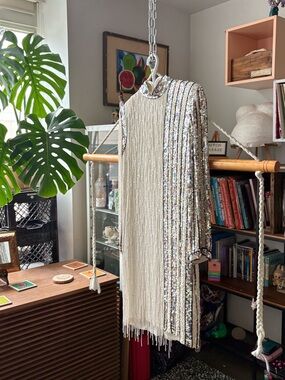 Lillie Rubin Ivory Sequin Fringe Long Sleeve Dress